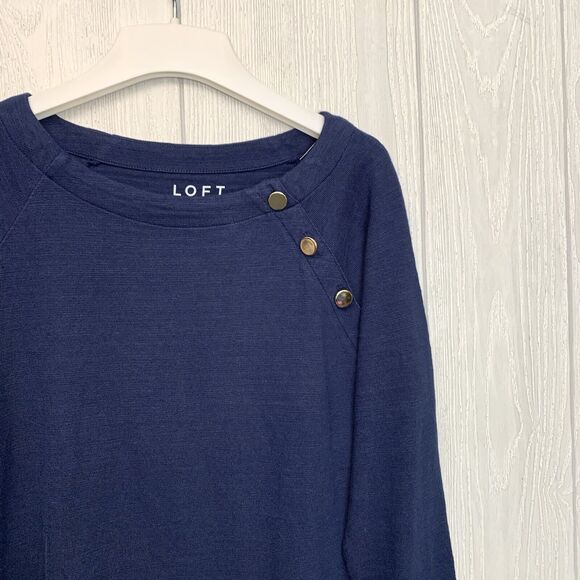 LOFT Blue Knit Boatneck Top Long Sleeve Button Trim Small NWT - Picture 3 of 5